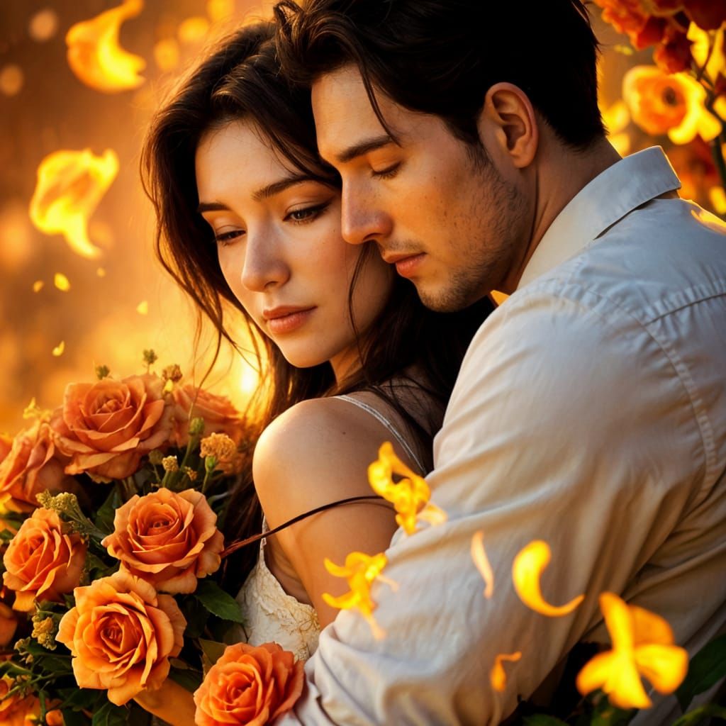 Passionate Couple Amidst Fiery Flowers