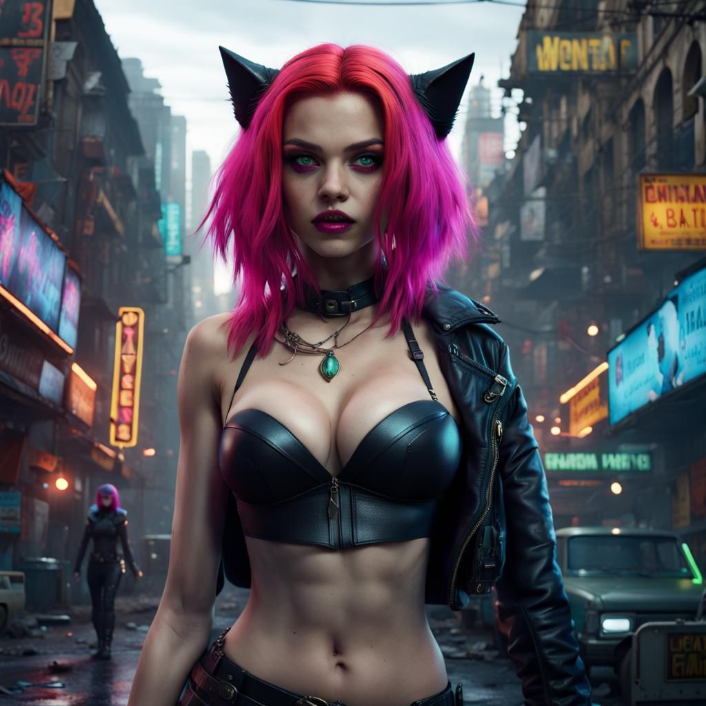 Woman with Neon Hair in City, Digital Art