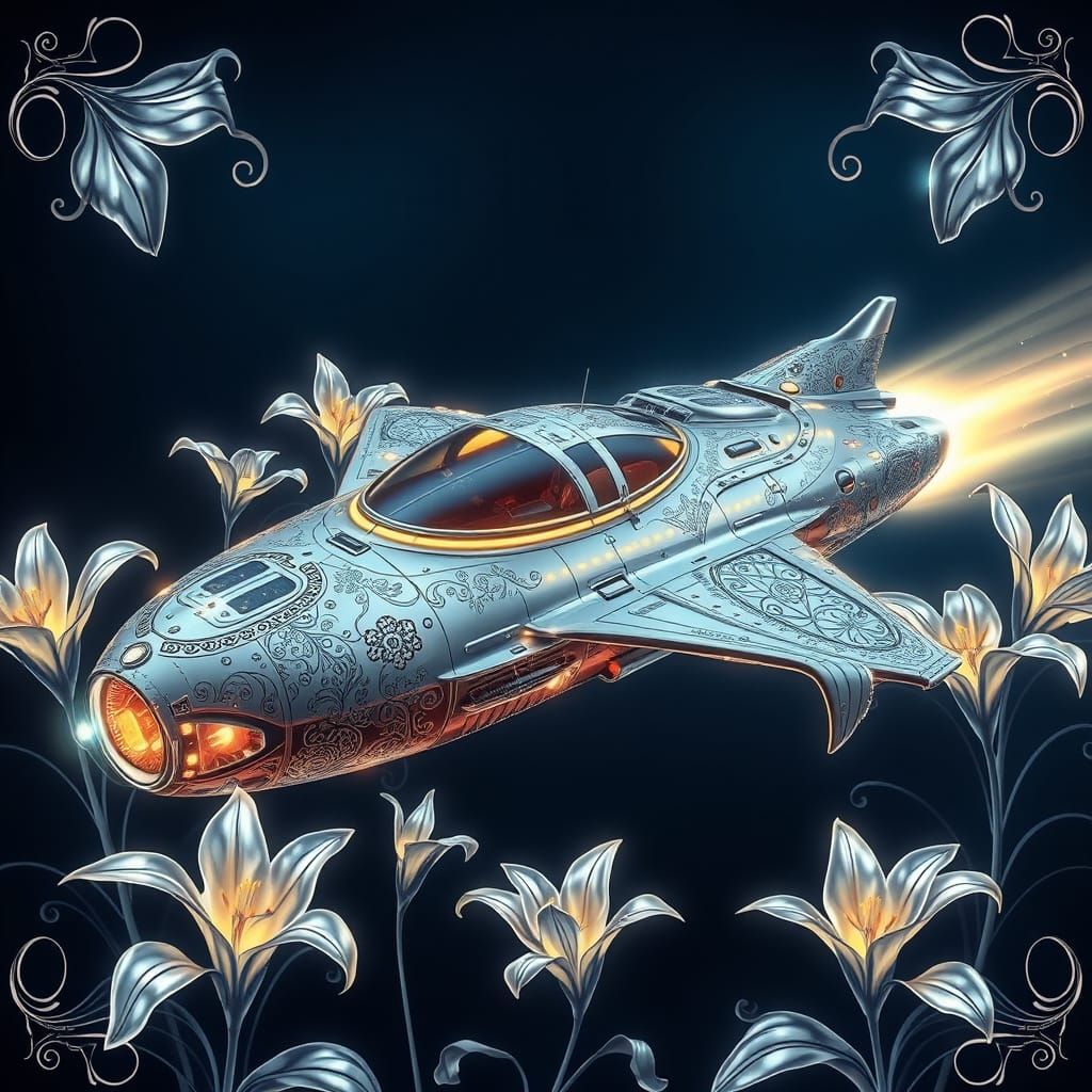 Silver Spaceship with Bioluminescent Filigree Details