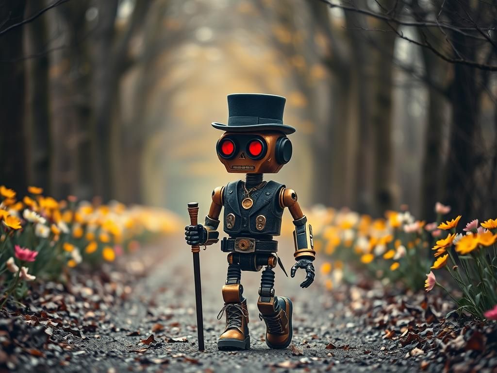 Steampunk Robot in Spring, Hyperrealistic Image