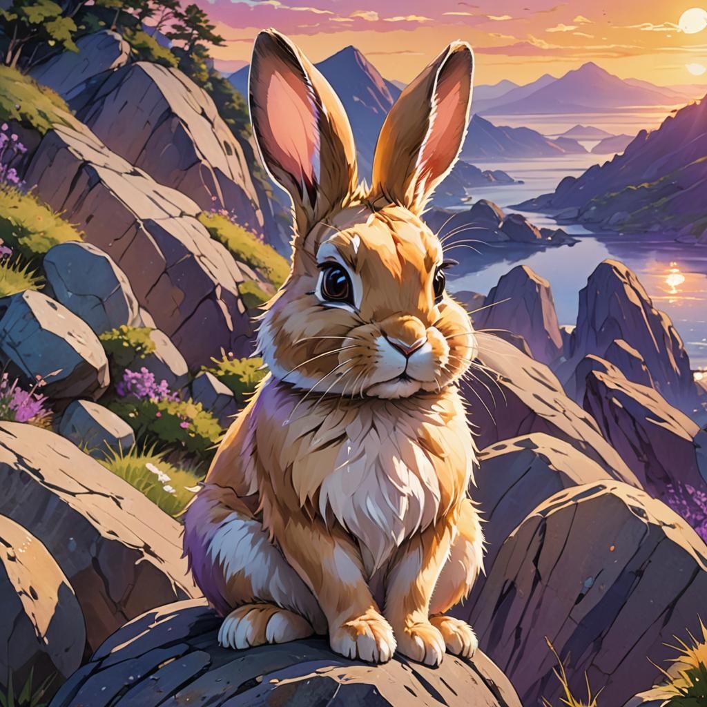 Anime Bunny on Rock in Studio Trigger Style