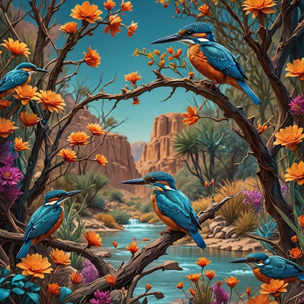 Hyperrealistic Kingfisher in a Dreamlike Desert