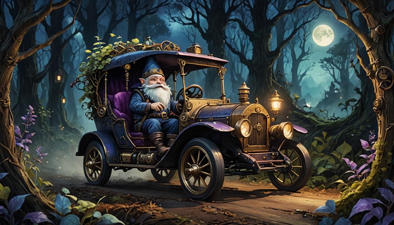 Gnome in Steampunk Vehicle Through Forest, Watercolor Style
