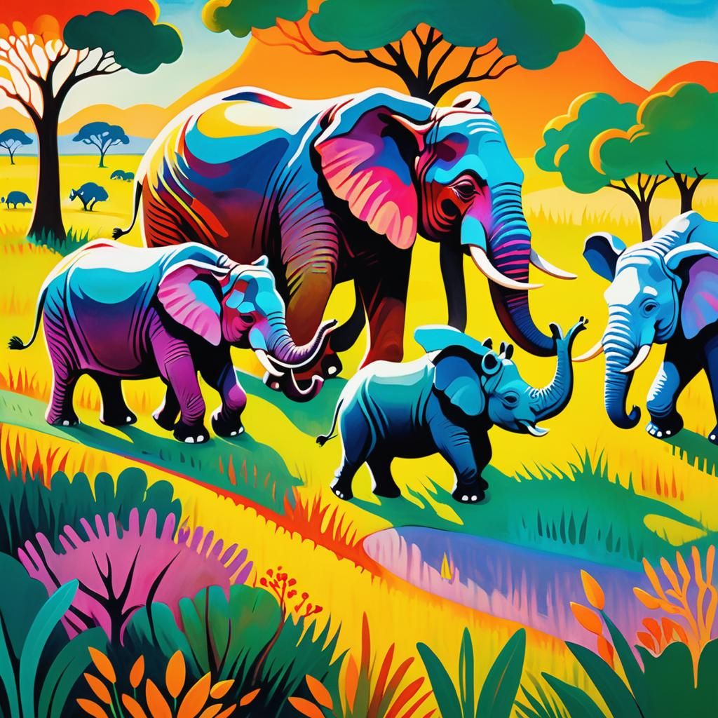 Elephants and Rhino Chase Rabbit in Naive Style
