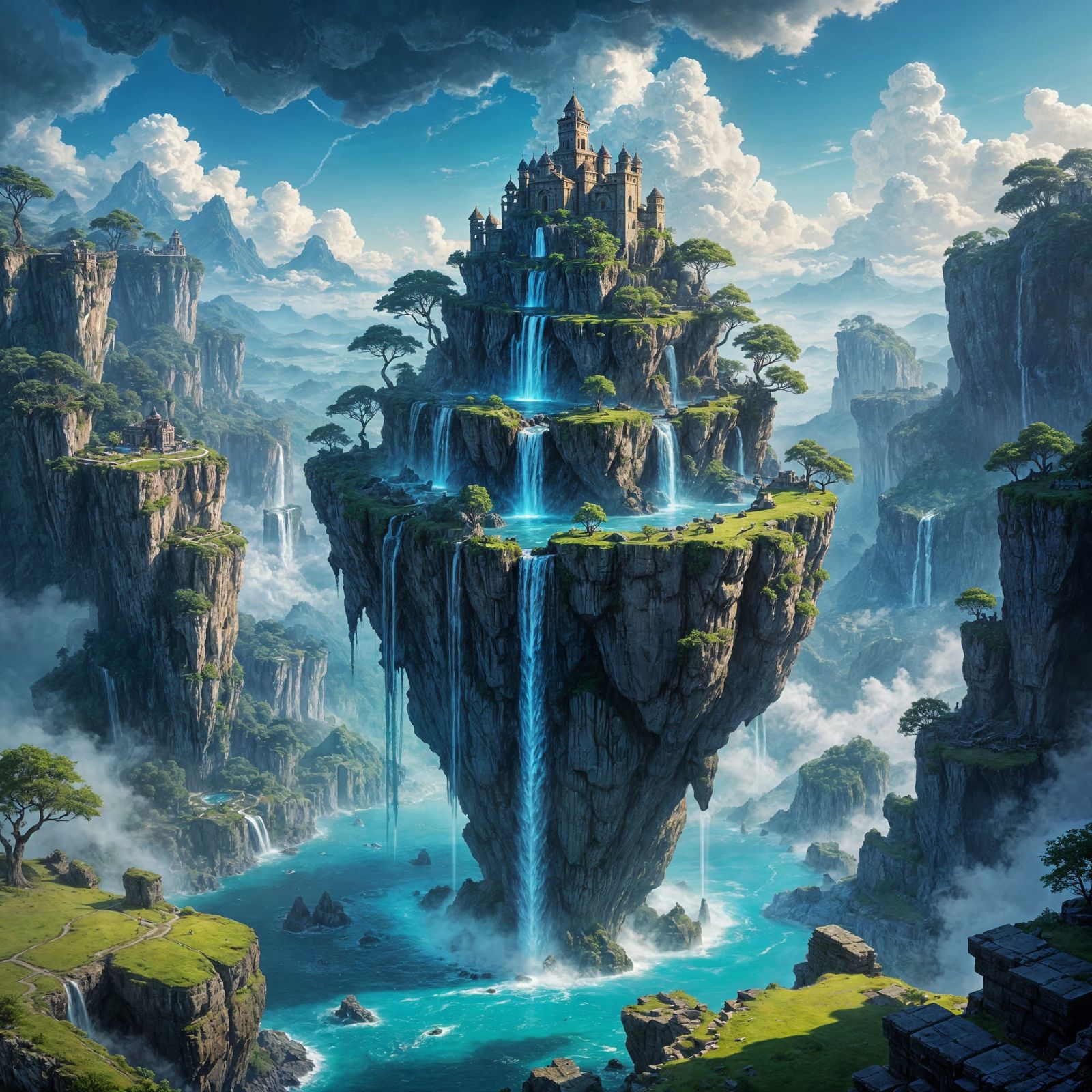 Floating Island with Luminous Waterfall Concept Art