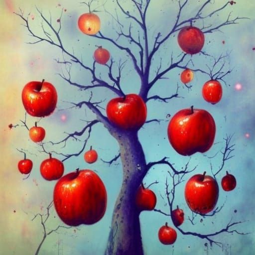 Astral Orchard of Red Apples in Fantasy Style