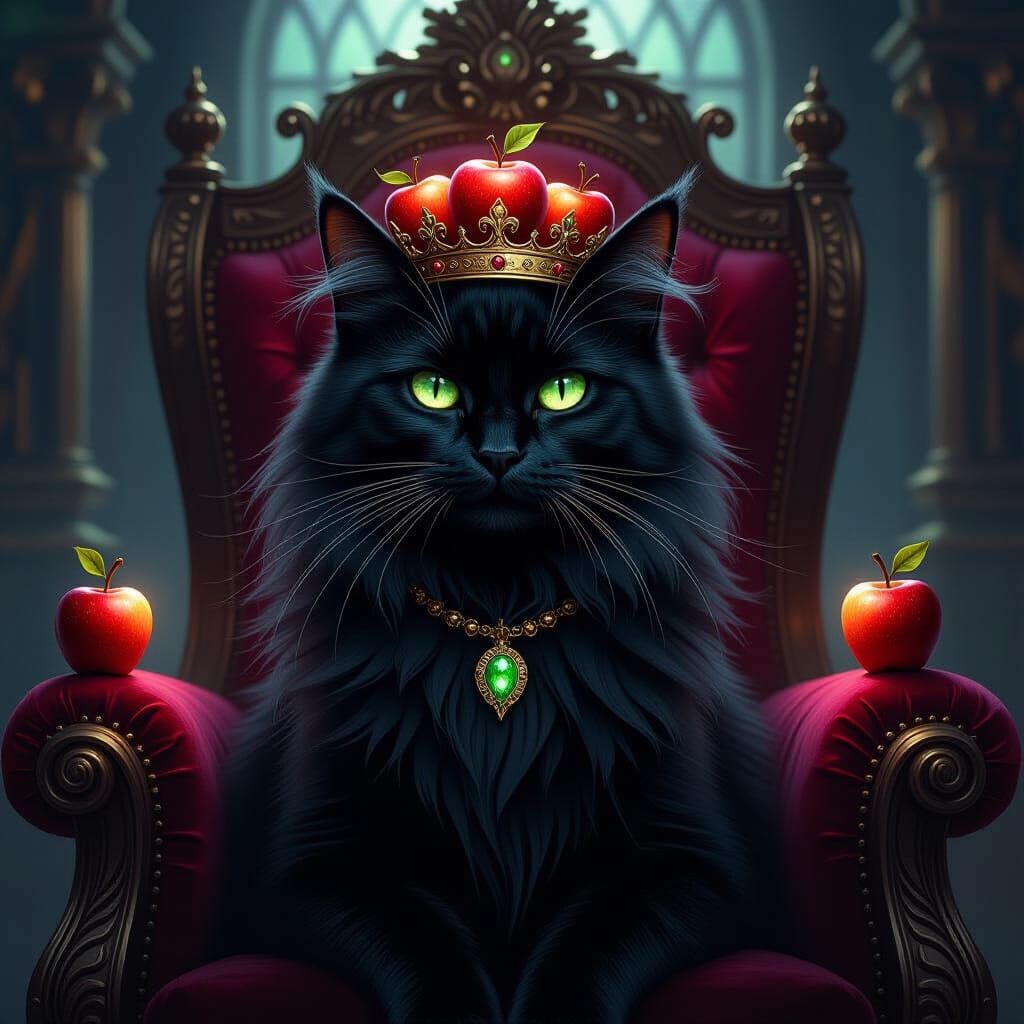 Regal Cat King on Velvet Throne with Enchanted Apple Crown
