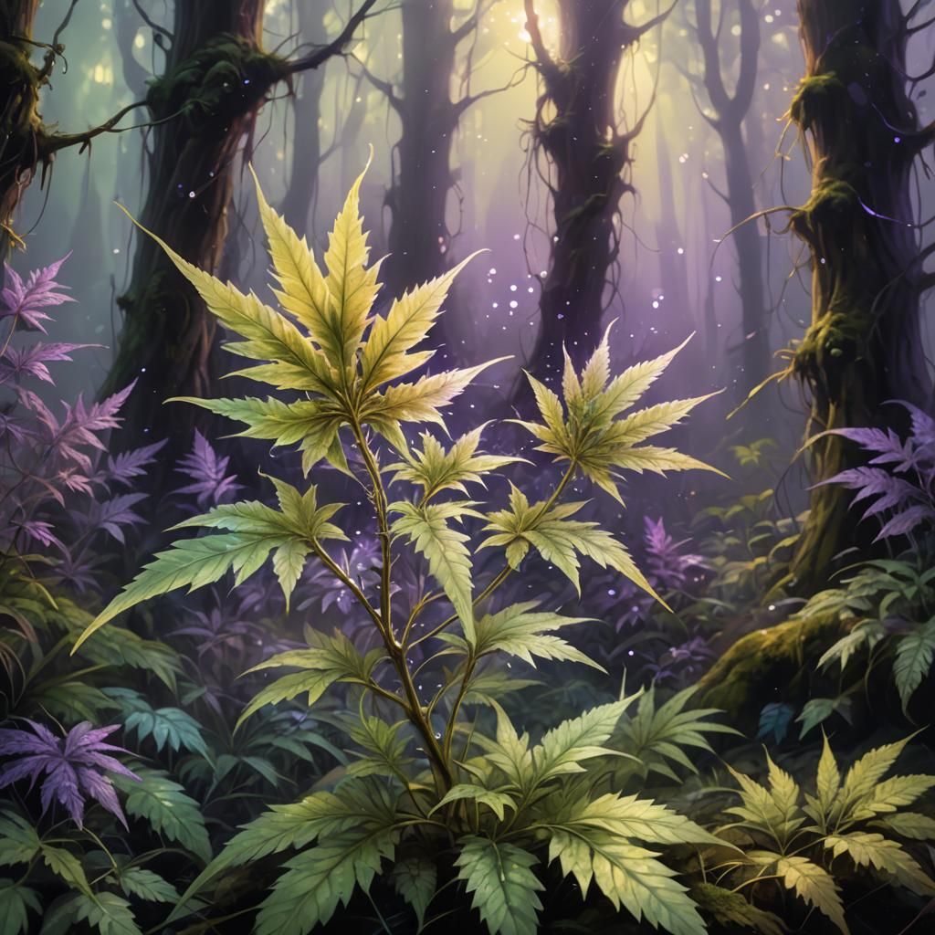 Glowing Marijuana Plant in Mystical Forest