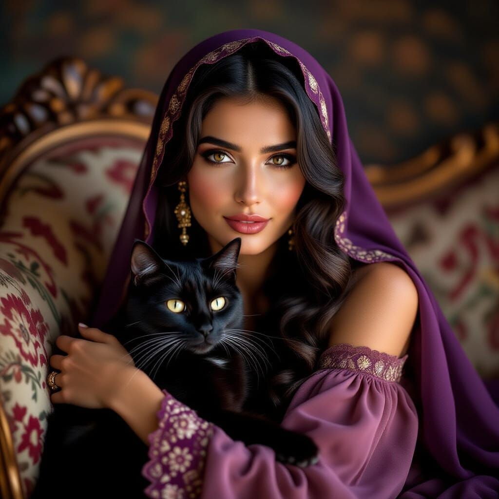 Assyrian Princess with Cat in Rose Dress