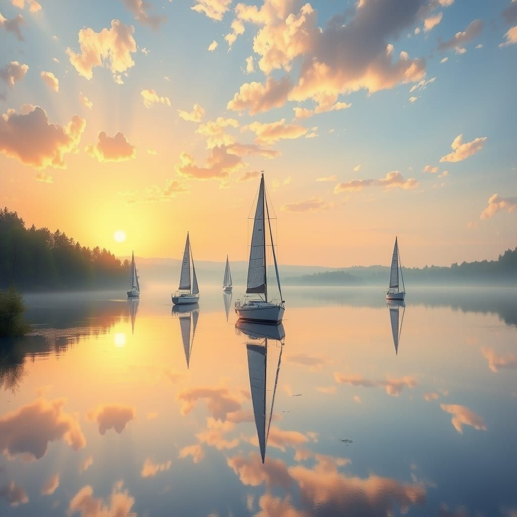 Sailboats Glide on Mirror Lake at Dawn