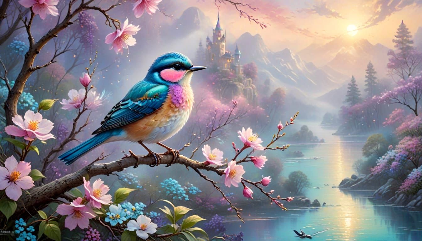 Cute Colorful Bird on Branch, Oil Painting