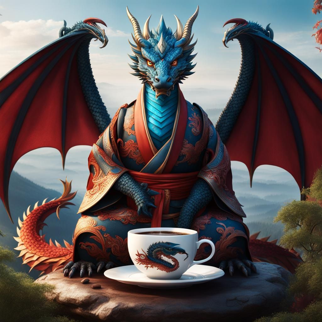 Ukrainian Dragon Sipping Coffee in Kimono