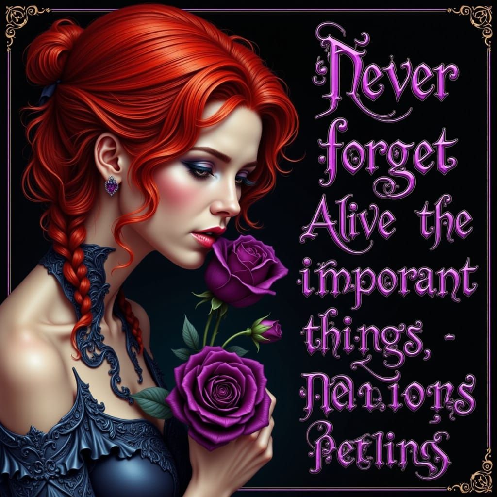 Gothic Poster: Woman Smells Rose, Neo-Noir Art Nouveau Style