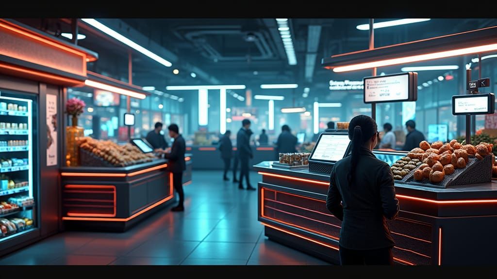 Futuristic Cashier View of Cyberpunk Retail Checkout