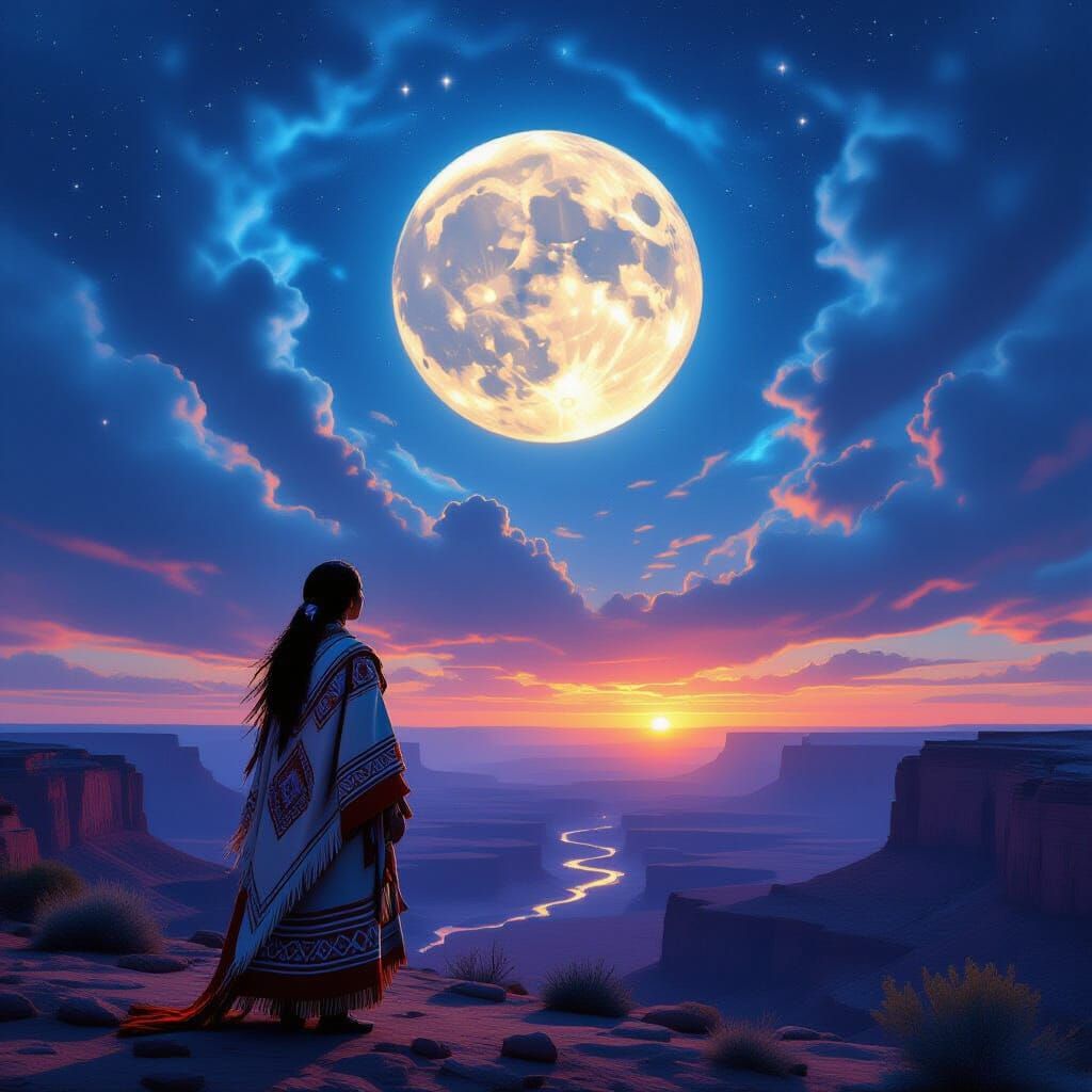 Native Woman Gazing at Cosmic Moonlit Sky