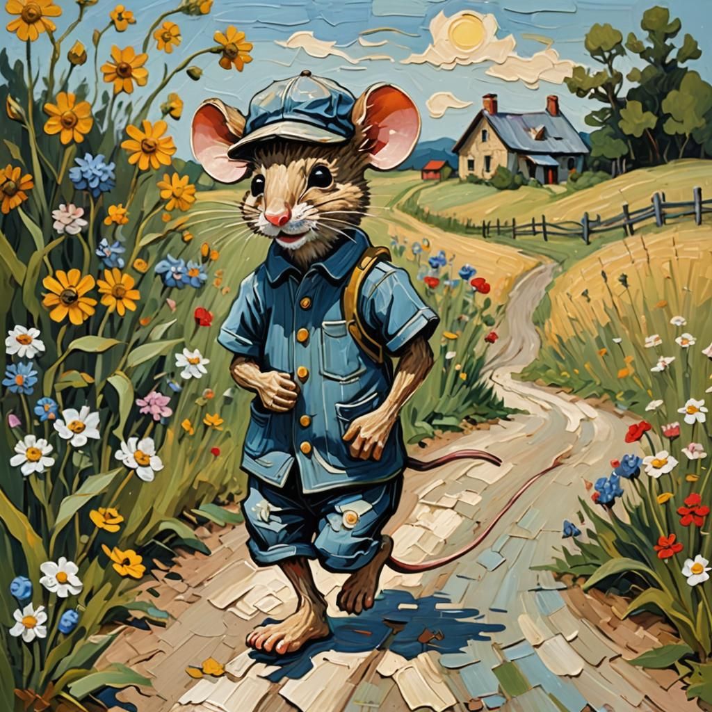 Whimsical Mouse Strolls Down a Country Road in Thick Impasto...