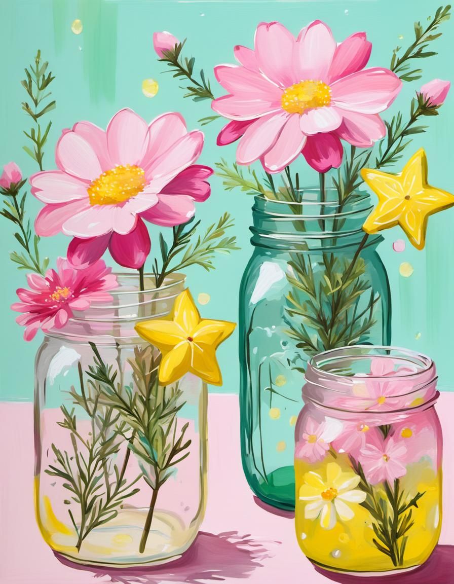 Vibrant Painting of Pink Drink with Floral Accents