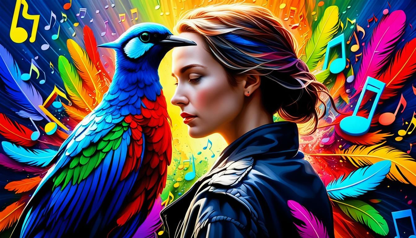 Colorful Bird on Woman's Shoulder in Splash Art