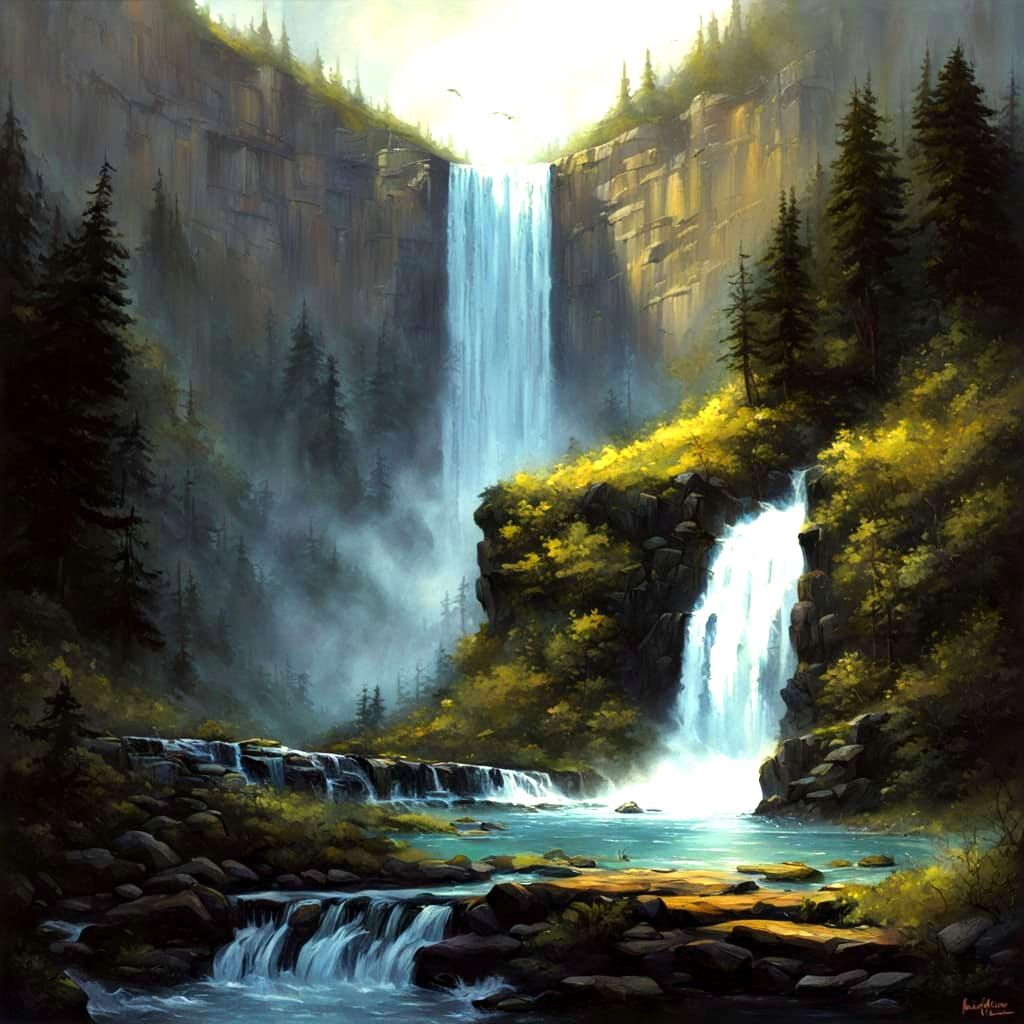 Sinister Magnificent Waterfall Inspired by Illustrative Mast...