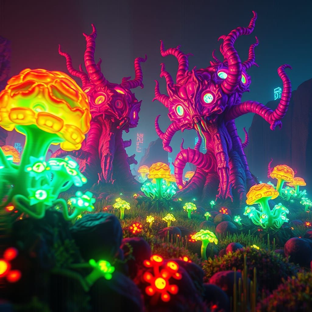 Surreal Neon Landscape with Cosmic Horror and Alien Beauty