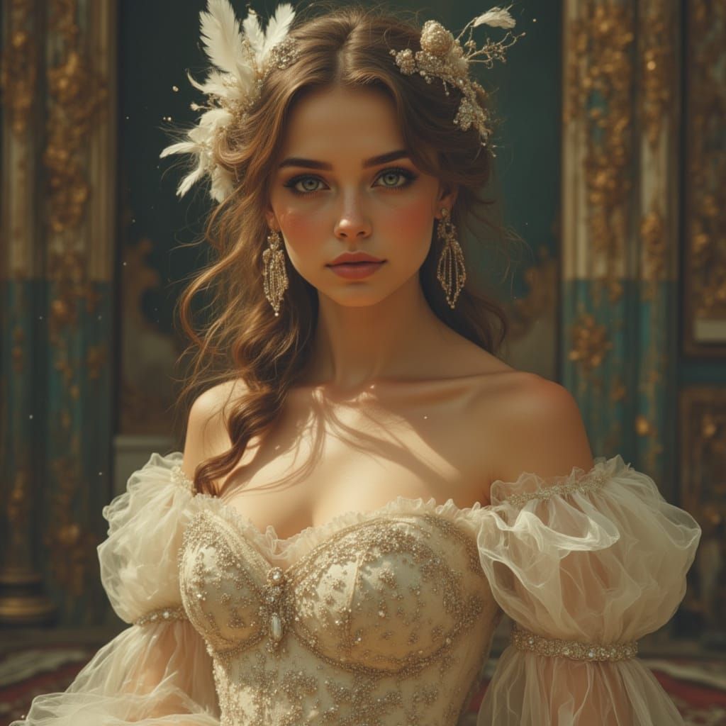 Ethereal Woman in Ivory Gown at Masquerade Ball