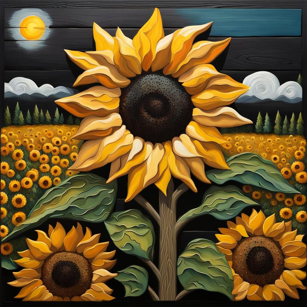 Sunflower Field Folk Art Impasto Painting