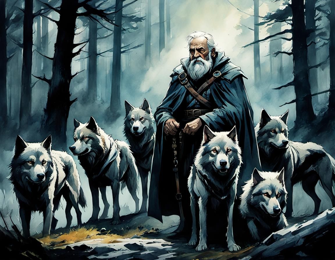 Villain with Hounds in Stormy Watercolor Landscape