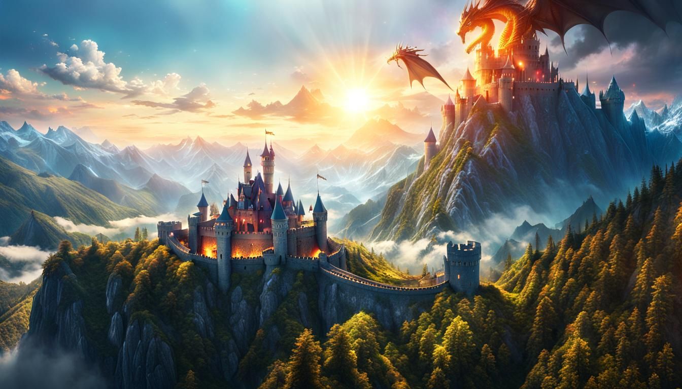 Fantasy Castle Under Siege by Dragon Fire