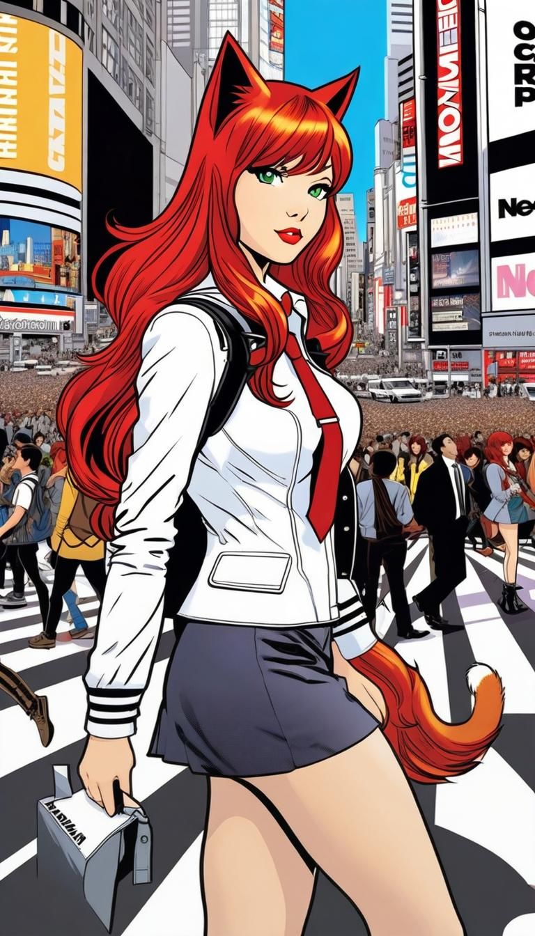 Catgirl in Shibuya Crossing in Pop Art Style