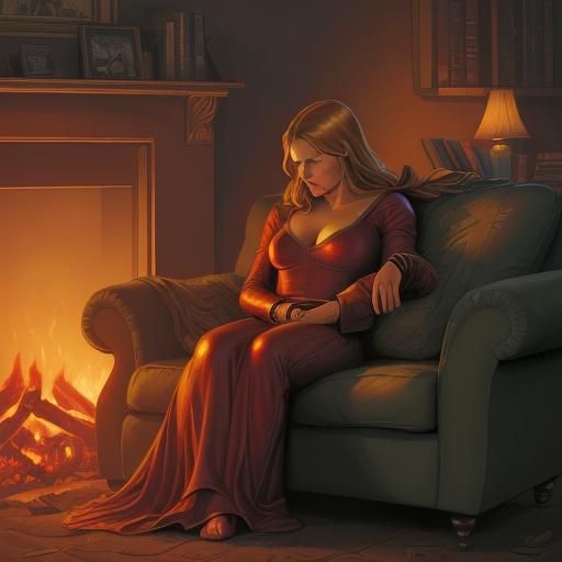 Woman Asleep by Fire in Comic Book Art Style