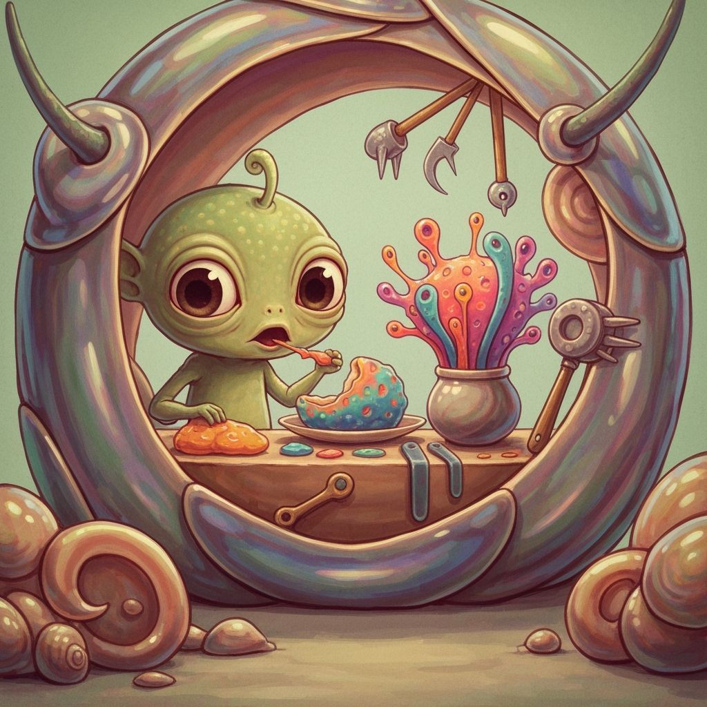 Alien Creature Sampling Food in Vintage Illustration Style
