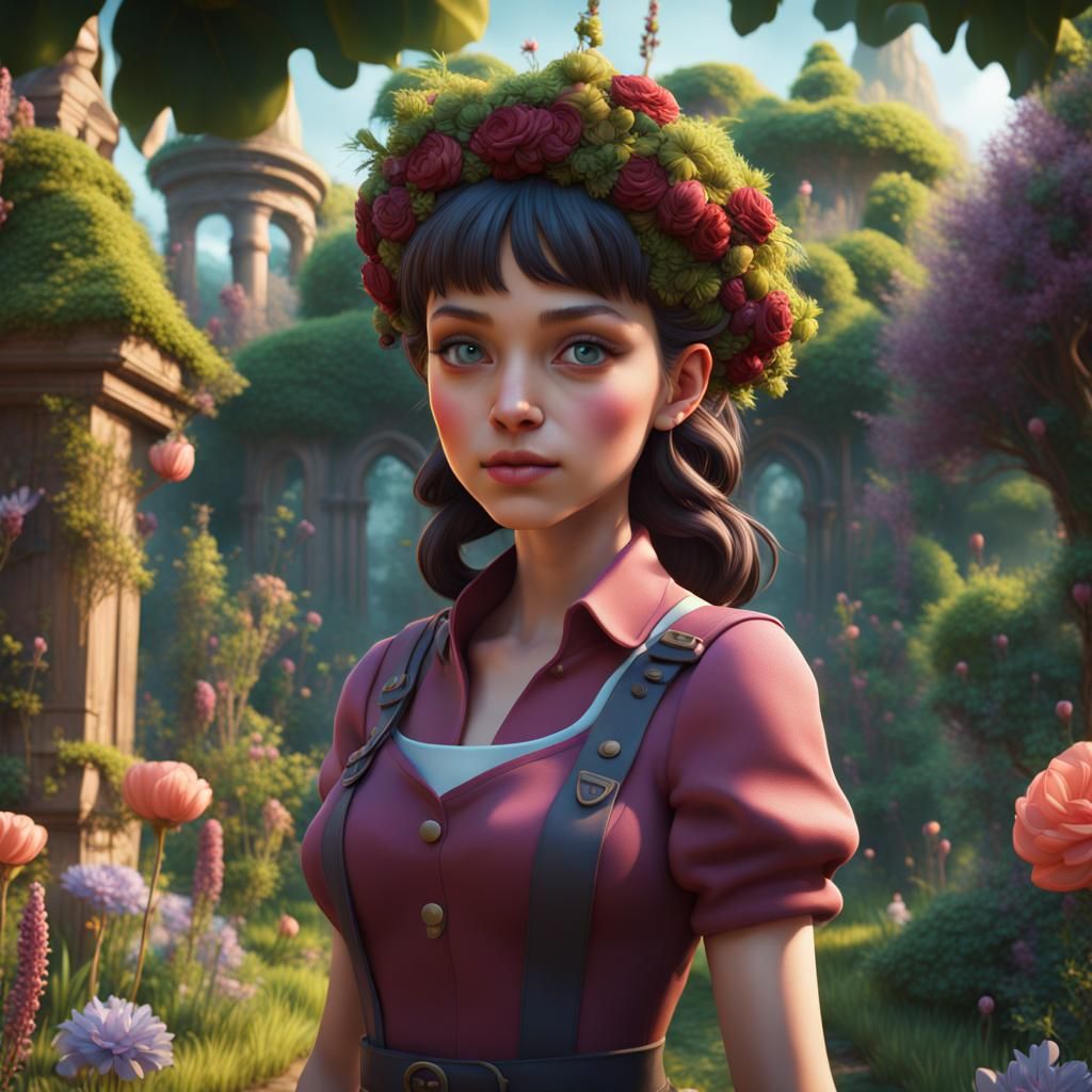Cartoon Garden Girl in Detailed Matte Painting