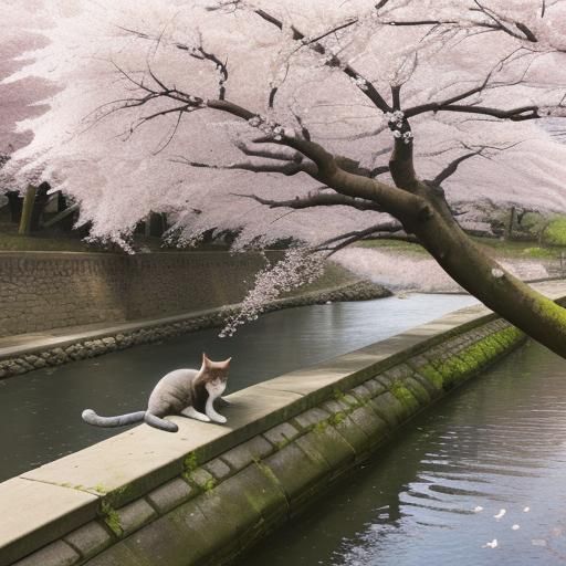 Cat Nap by River Under Cherry Blossoms