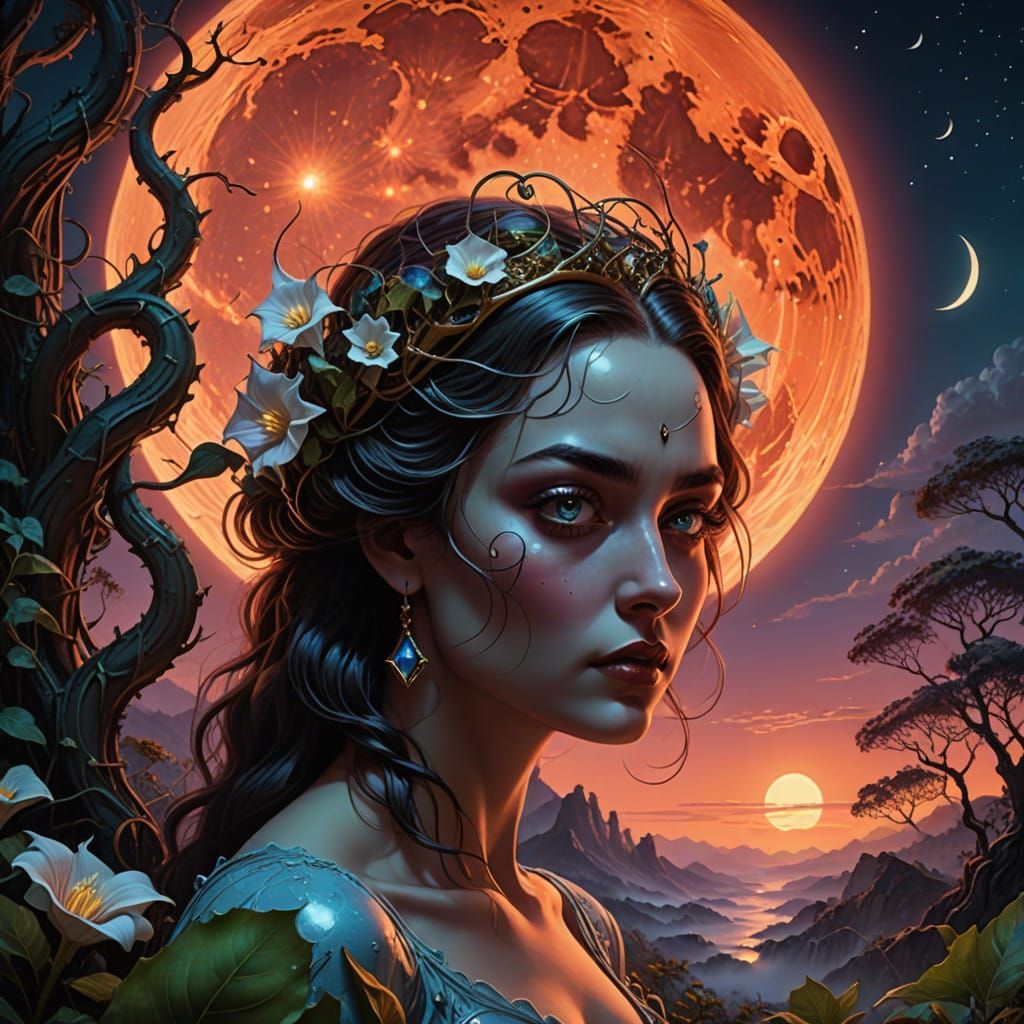 Blood Moon Illuminates Lush Forest in Vibrant Surrealism