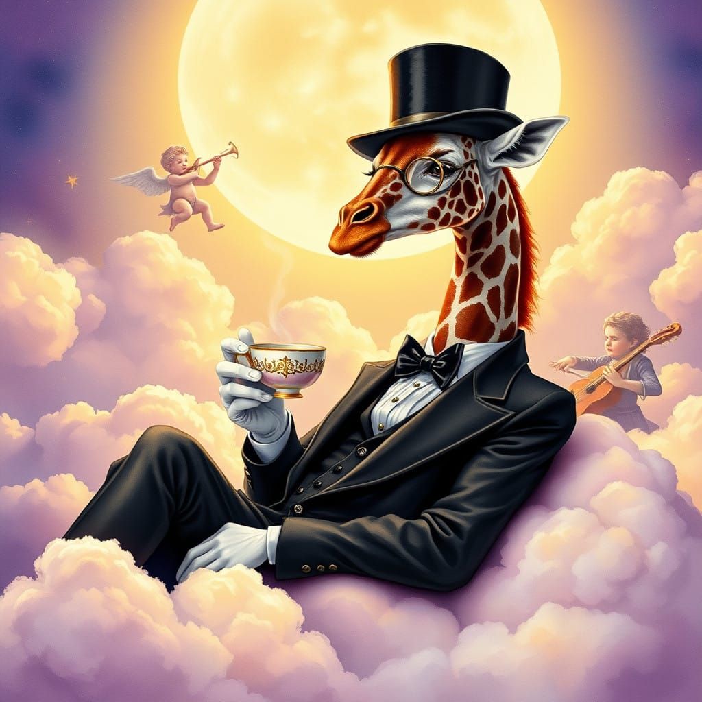 Sophisticated Giraffe Sips Tea on Cloudy Heaven