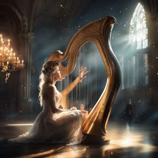 Harpist in Castle Ballroom with Glowing Notes