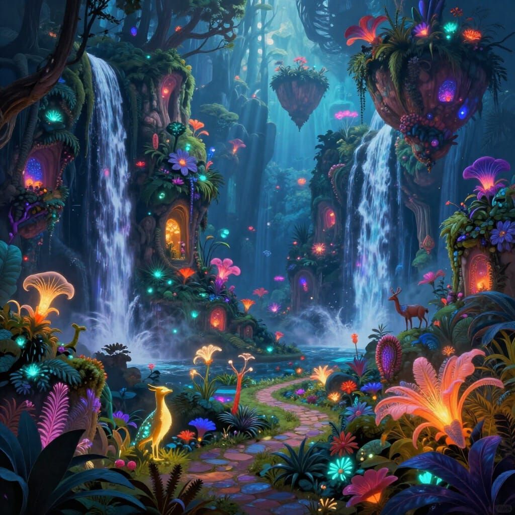 Fantastical Landscape with Bioluminescent Flora and Floating...