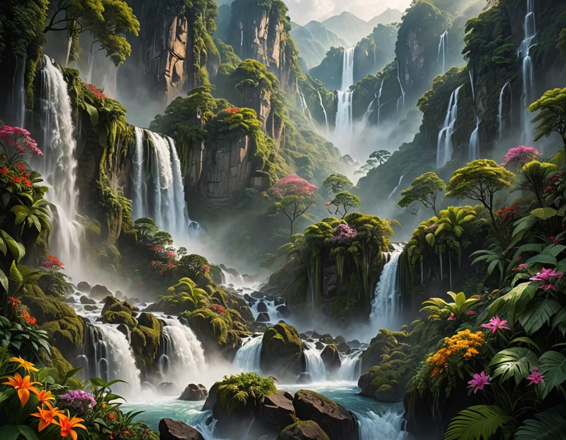 Hyperrealistic Cascading Waterfalls in Mountain Jungle
