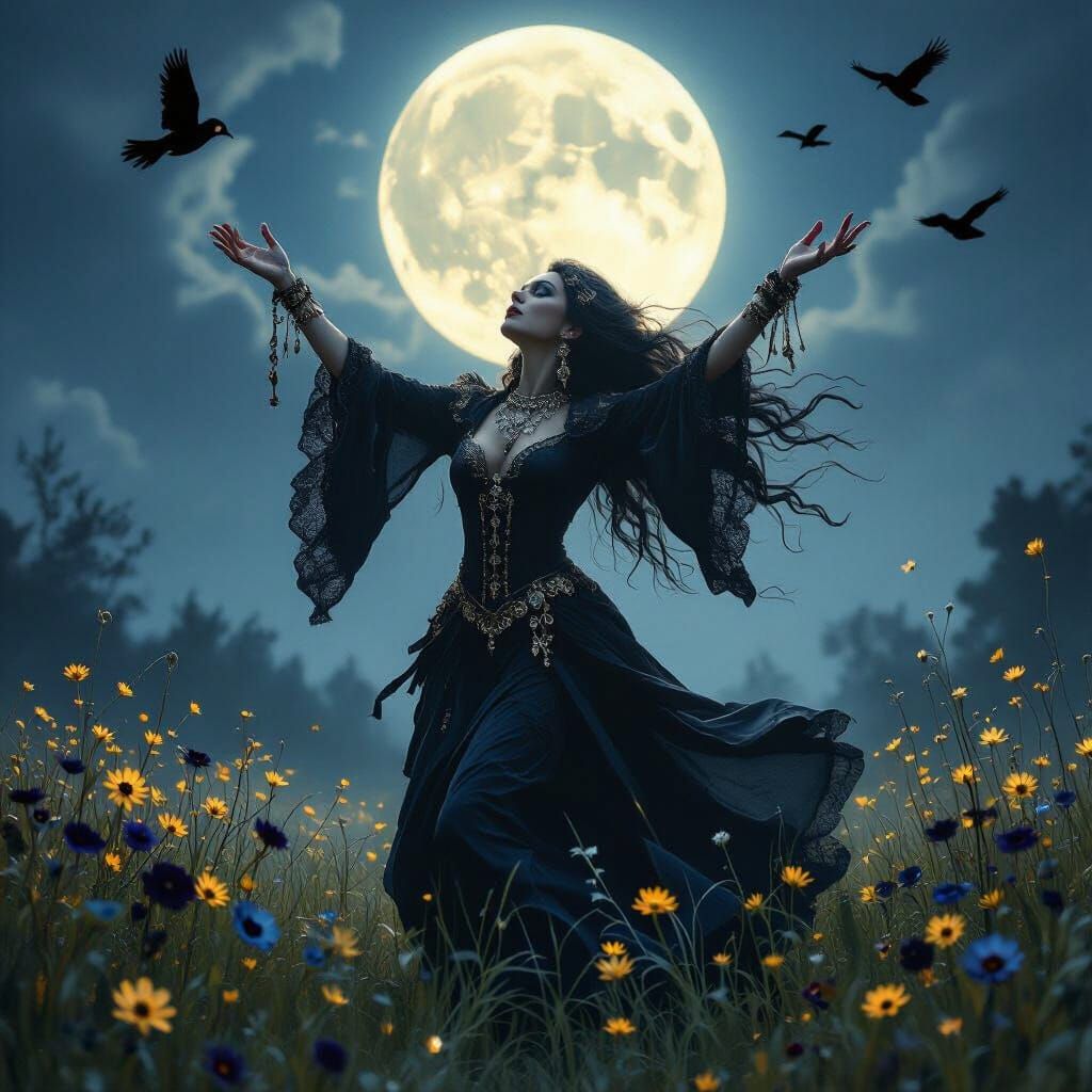 Gothic Witch Dancing in Moonlit Meadow - Fantasy Art