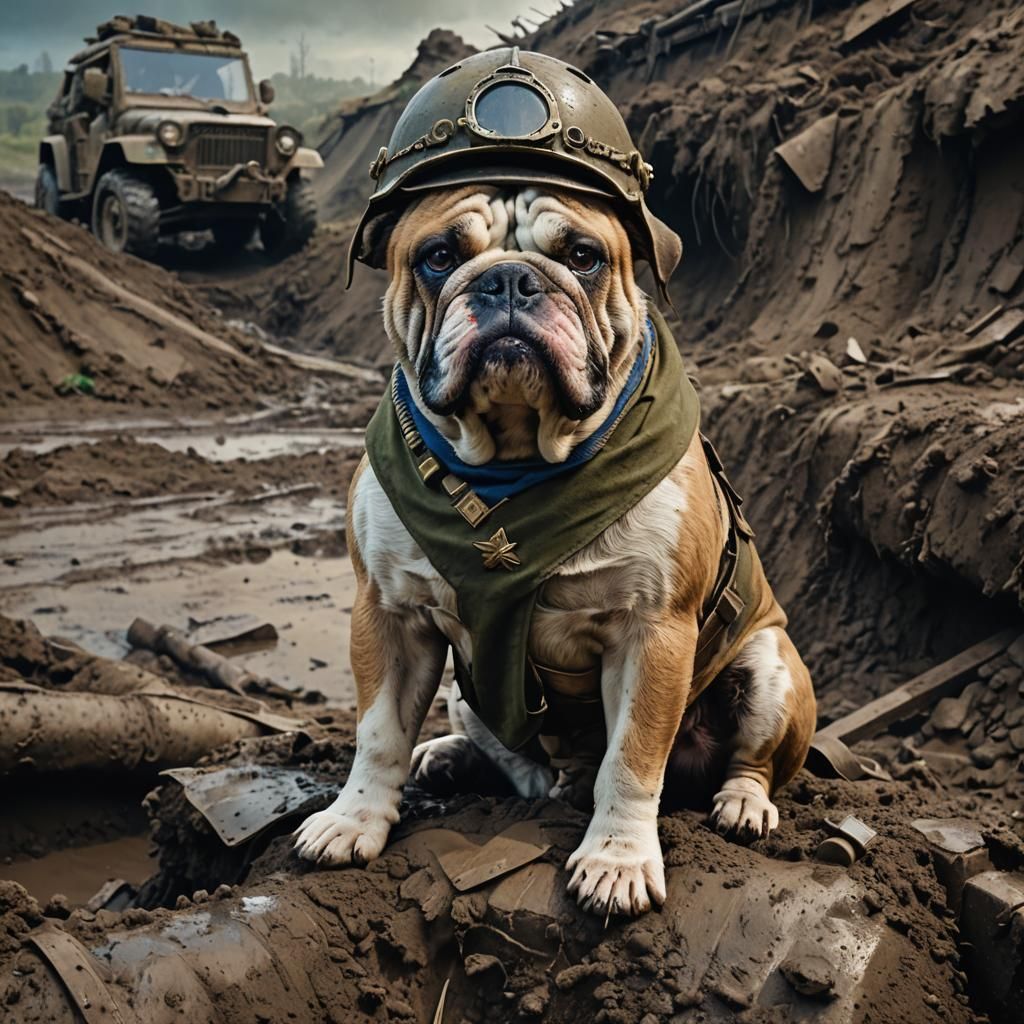 Bulldog Soldier in Muddy Trench: Dark Fantasy Concept Art