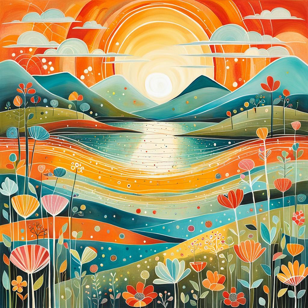 Colorful Sunrise in Mid-Century Modern Style