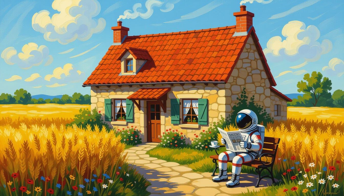Rustic Cottage Oil Painting with Whimsical Alien Visitor