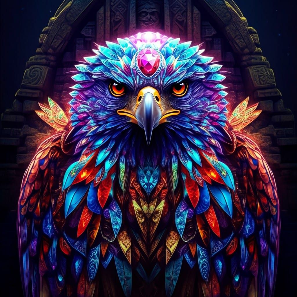 Bioluminescent Jeweled Eagle in Jungle Temple