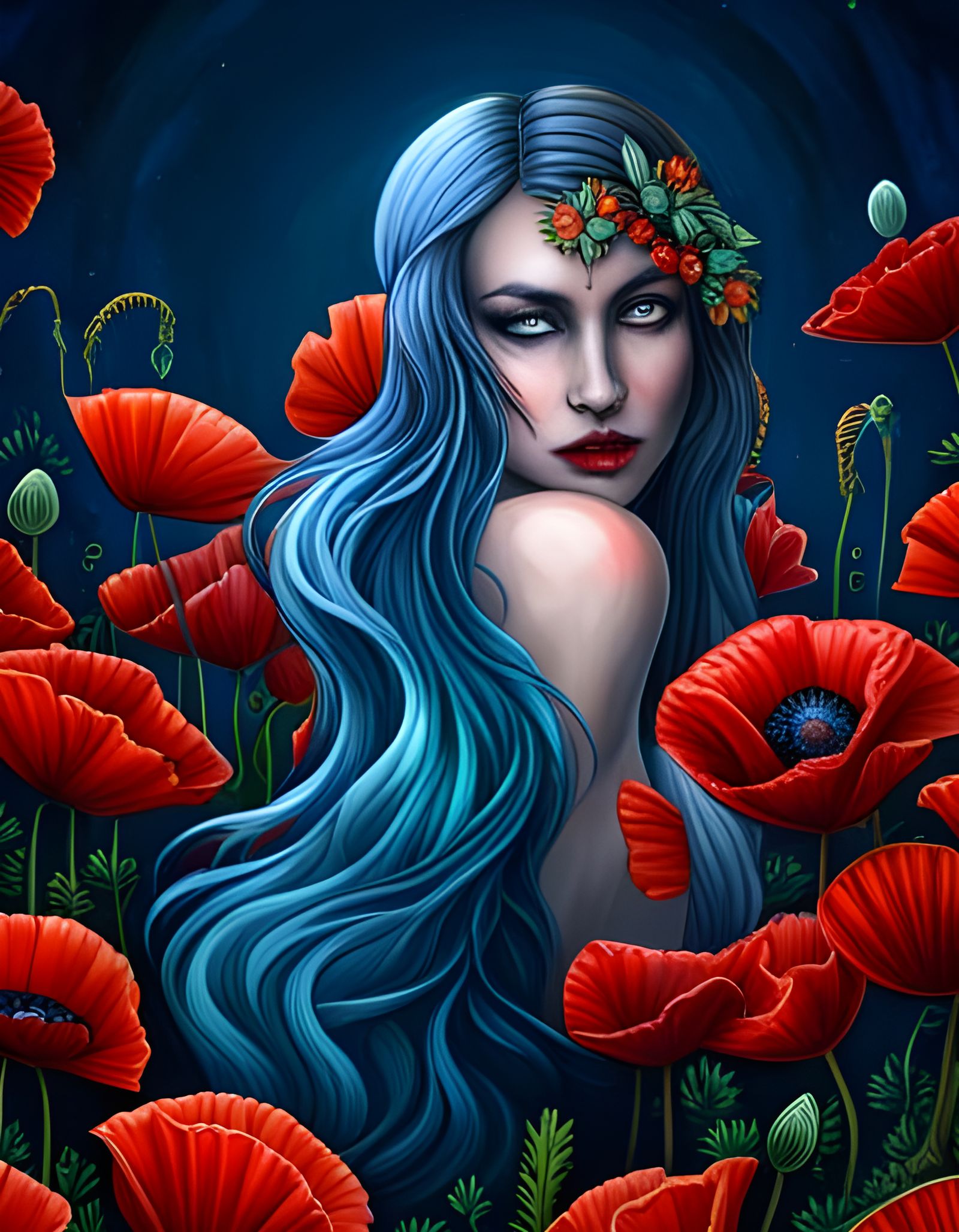 Night wraith, young dead woman dancing in summer night, wreath of poppy flowers, ominous, dangerous, beautiful, haunting...