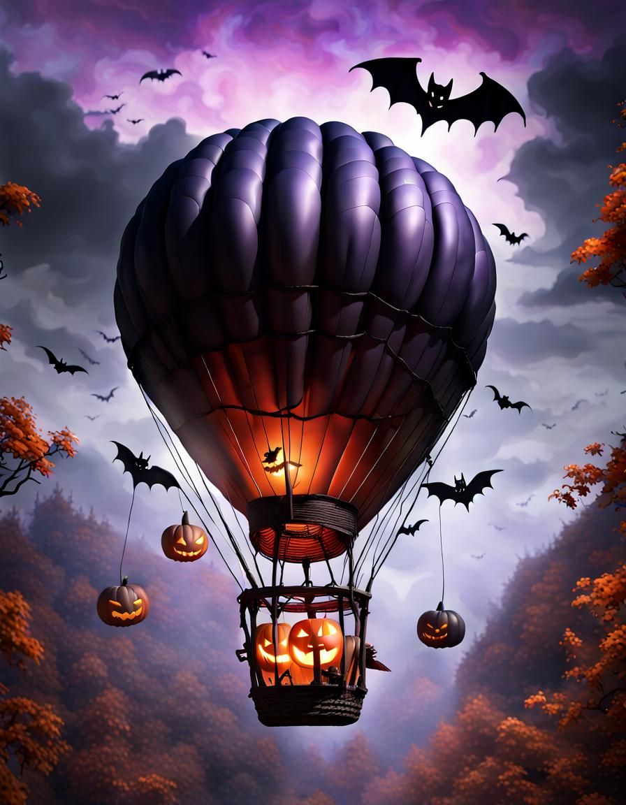 Halloween Hot Air Balloon with Gargoyle, Ghibli Style