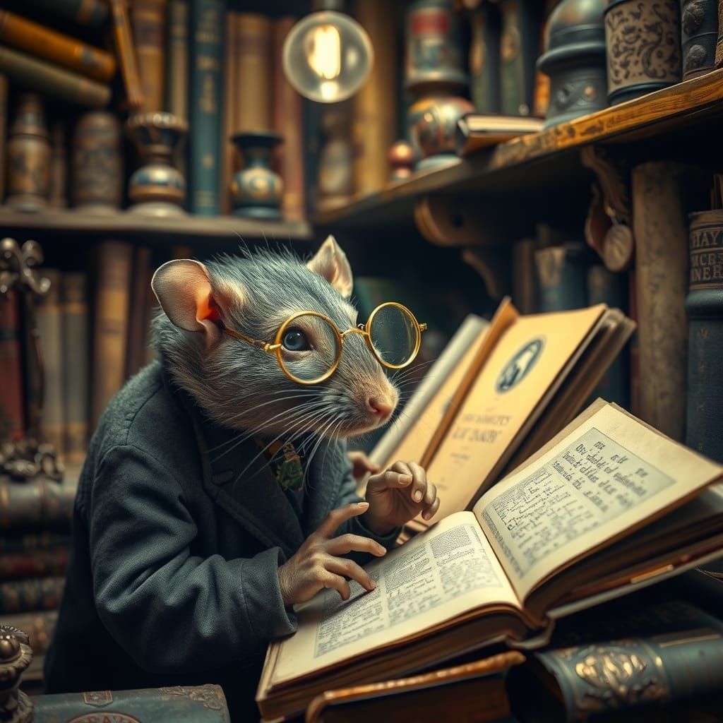 Elderly Rat Detective Inspecting Books, Vintage Illustration