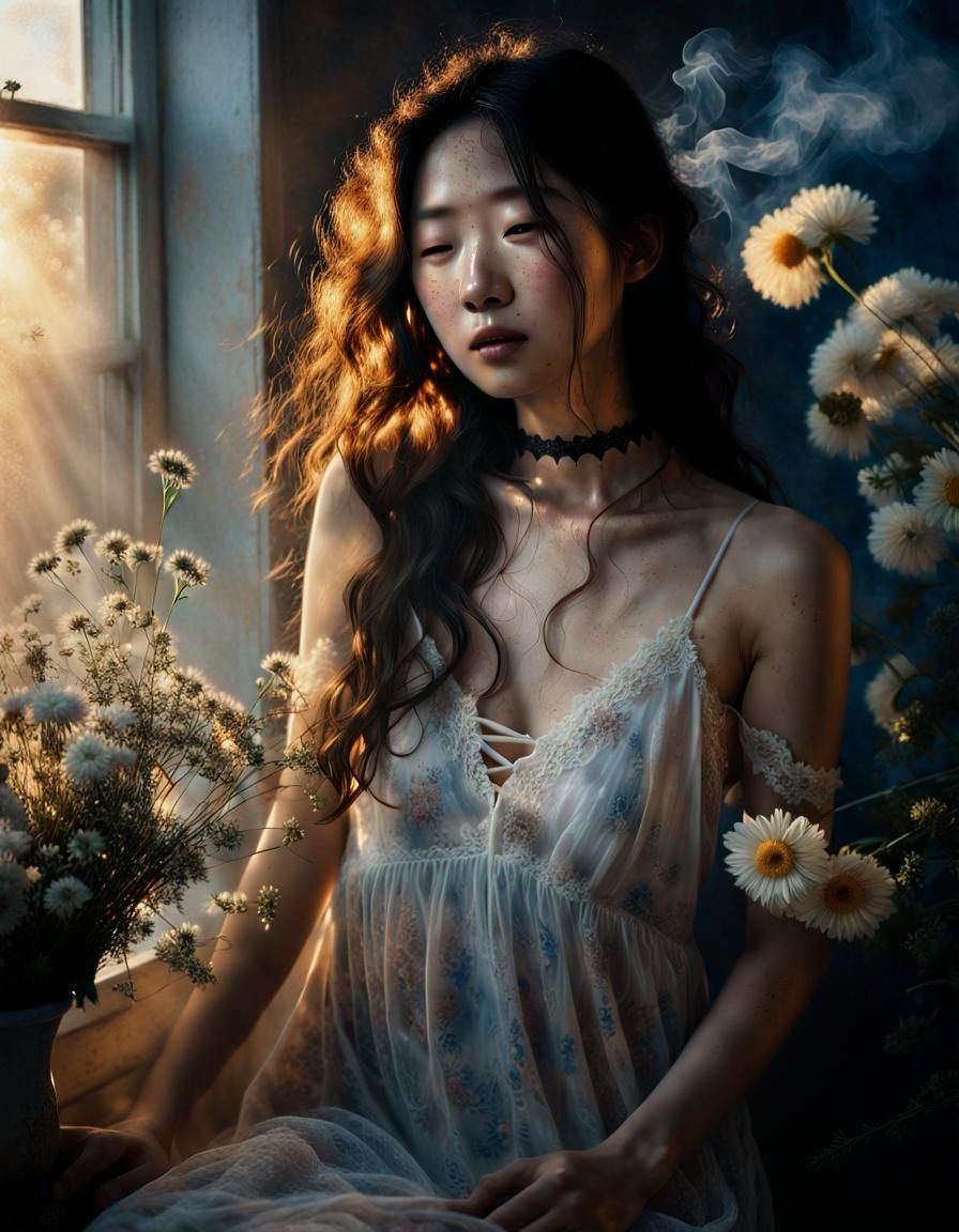 Korean Woman Engulfed in Flowers: Chiaroscuro Oil Painting