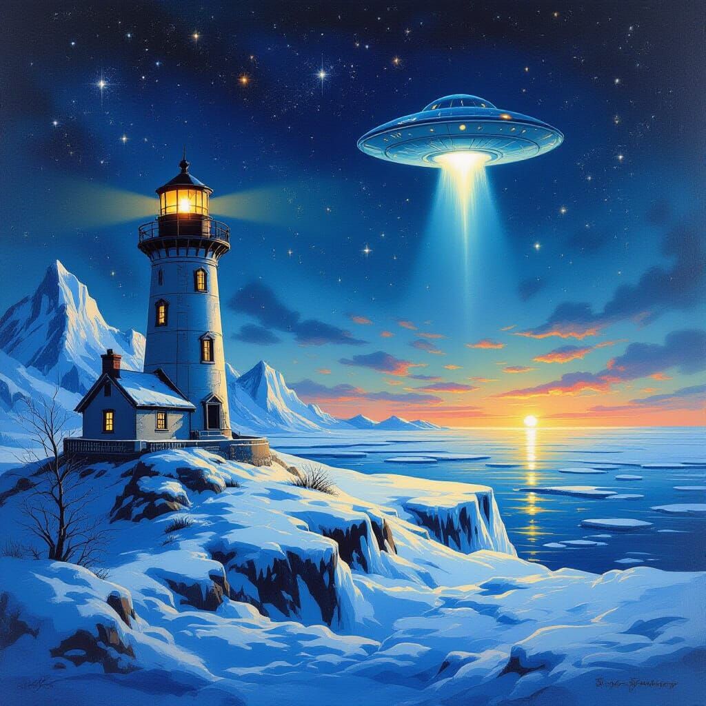Exoplanet Lighthouse Welcomes UFO: Oil Painting