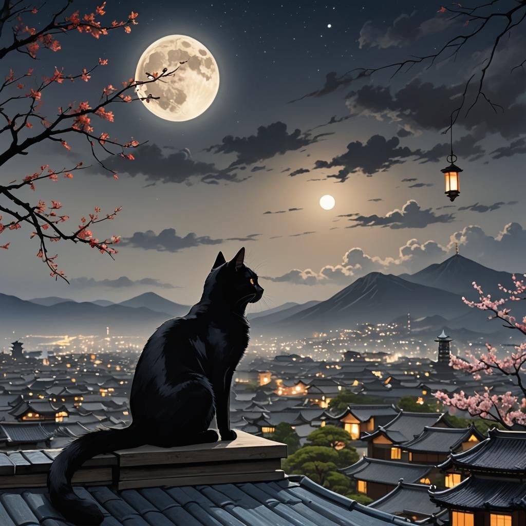 Black Cat Silhouette Over Japanese Town at Night