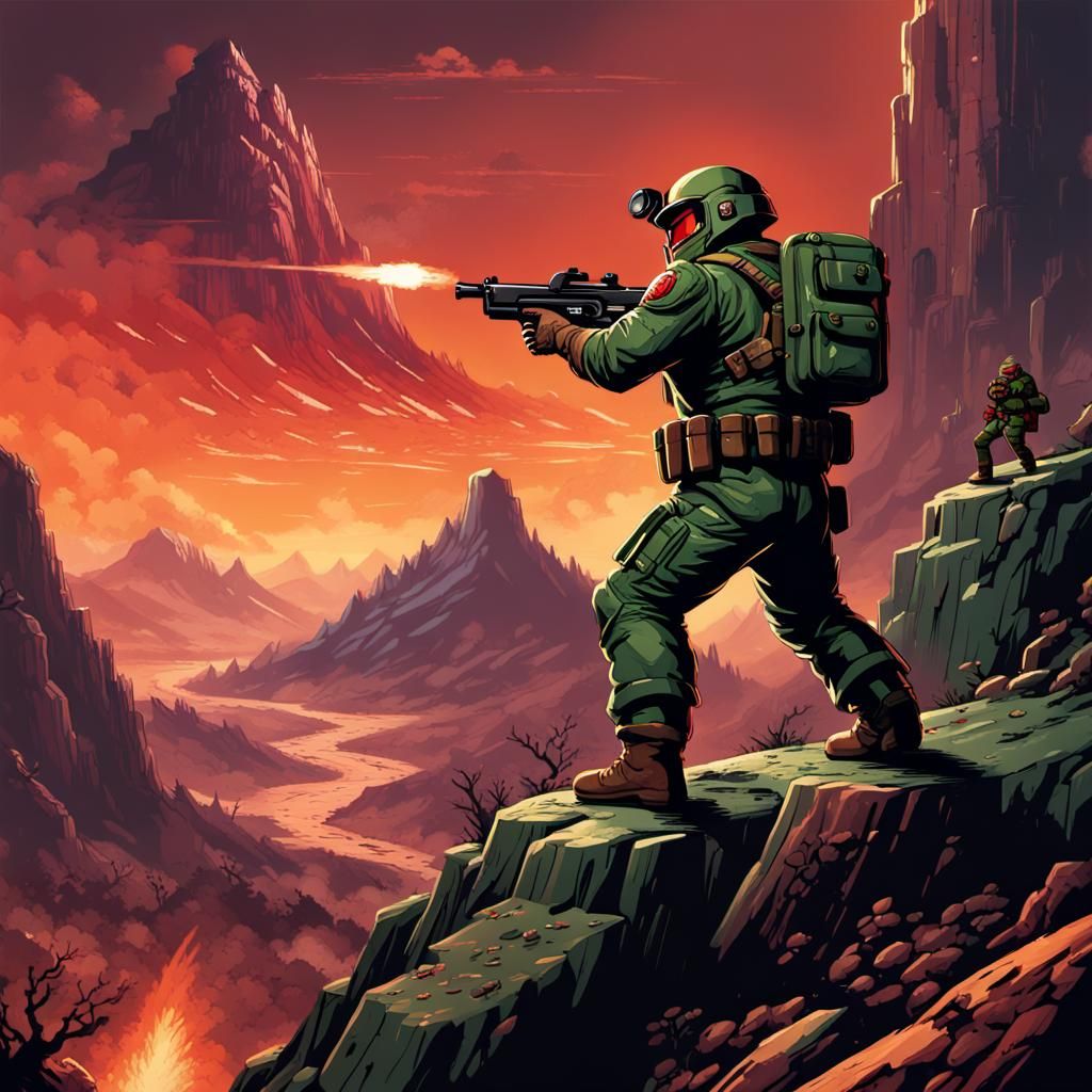 An action packed pixelated of doomguy standing on top of mou...